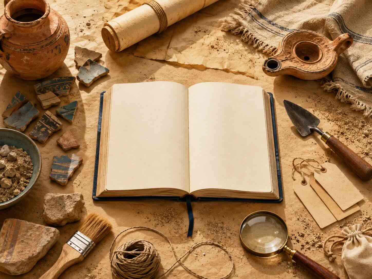 An archaeology table with an open Bible, pottery, an oil lamp and excavation tools