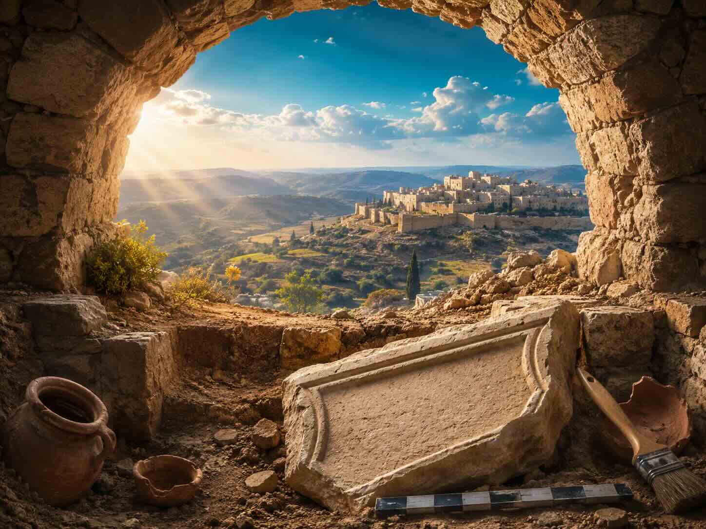 An archaeological excavation overlooking an ancient hill town